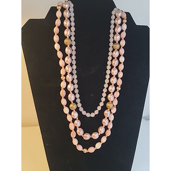 Vintage Monet Pink Champagne Pearls On  Layered Necklace Marked 10" - Picture 1 of 7